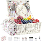 Picnic Basket Set for 4 with Waterproof Blanket Mat Insulation Bag Wicker Floral Elegant Classic Fresh White Pink Gift for Wedding Birthday Summer Camp Outdoor Camping Beach Travel Christmas