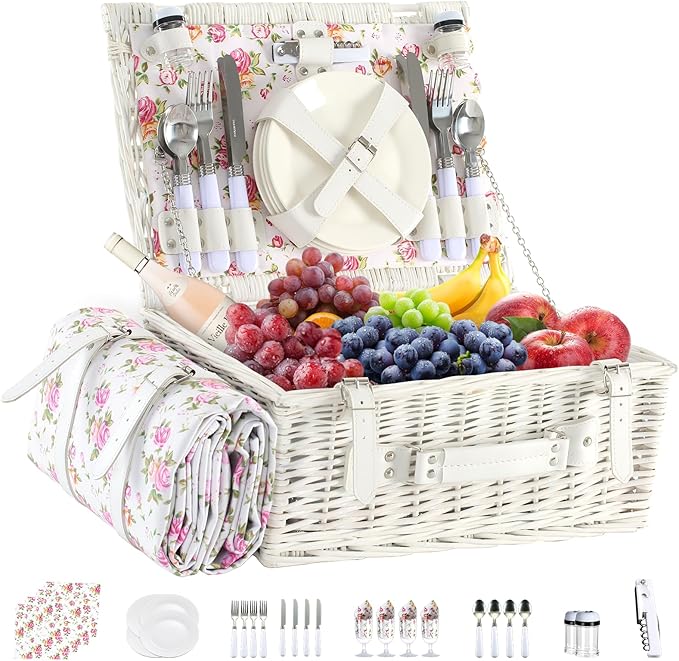 Picnic Basket Set for 4 with Waterproof Blanket Mat Insulation Bag Wicker Floral Elegant Classic Fresh White Pink Gift for Wedding Birthday Summer Camp Outdoor Camping Beach Travel Christmas