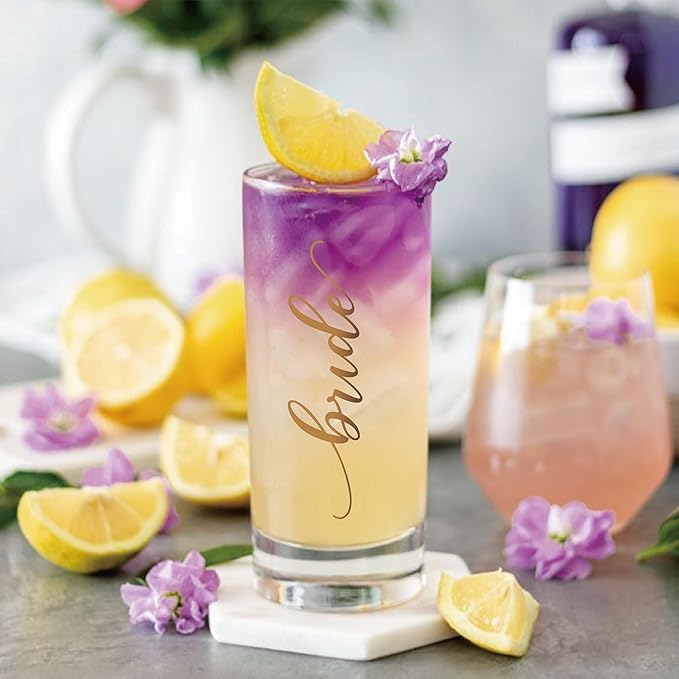 LADY&HOME Bachelorette Party Decorations Highball Glasses,13oz Tall Glass Cups,Bridesmaid Gifts Bridal Shower Gifts Gold Embossed,1 Count(Bride)