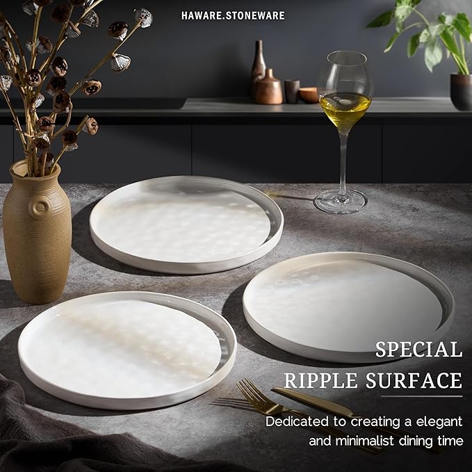 HaWare Stoneware Dinner Plates Set of 6, 10" Heavy Duty Ceramic Plate, Reactive Glaze Ripple Dinnerware for Home Restaurant, Chip and Scratch Resistant, Microwave and Dishwasher Safe, Speckled White
