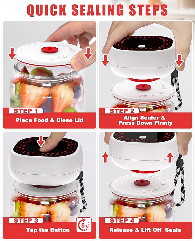 Electric Mason Jar Vacuum Sealer Kit - Auto-Stop with Digital Display, 60kPa Ultra Strong Suction for Wide/Regular Mouth Jars, Preserve Freshness 12X Longer (Includes 6 Lids & Bag Adapters)