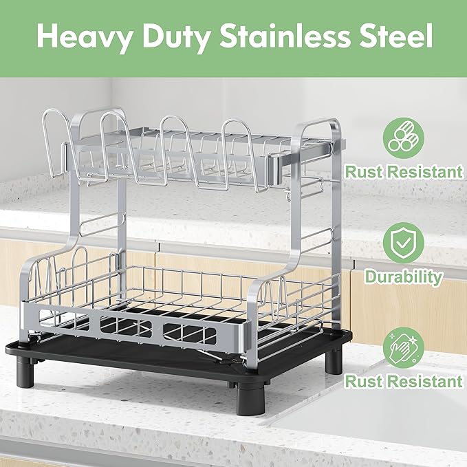 BOOSINY 2 Tier Stainless Steel Dish Drying Rack for Kitchen Counter, Large Dish Dryer Rack for Saving Space, Dish Drainers with Cup Holder & Utensil Holders, Silver