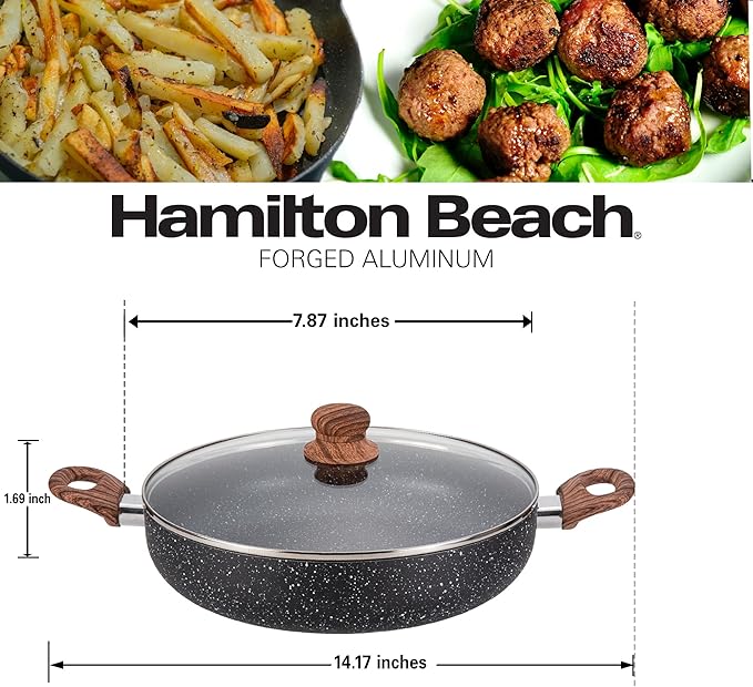 Hamilton Beach 4.5 Quart Nonstick Marble Coating Even Heating Round Beach Low Oven Pot with Glass Lid and Wooden Like Soft Touch Handle, Dutch Oven Pot, Braising, Roasting