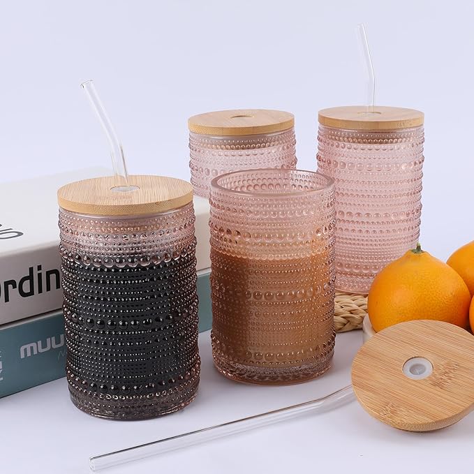Vintage Drinking Glasses Set of 4 with Bamboo Lids, Textured Clear Striped Ribbed Glassware Set Cocktail Set Beaded Glass Cups Old Fashion Embossed Iced Coffee Cup for Beer, Beverage(16 oz), Rose Gold