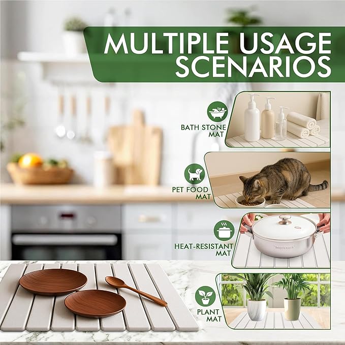 Large Stone Dish Drying Mat for Kitchen Counter, Instant Drying Pad, Super Absorbent Foldable Dish Drying Mat, 24"×16", White