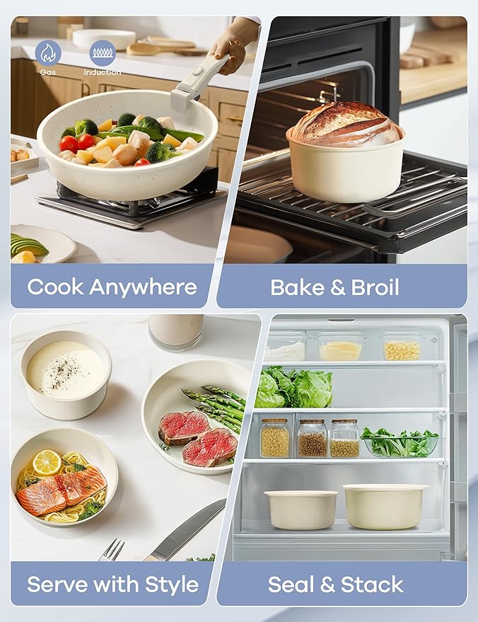 Ganiza 27pcs Nonstick Cookware Set, Pots and Pans Set Non Stick Detachable Handle, Non Toxic Cookware Sets Induction, Pots and Pans with Removable Handles, RV Cooking Set, Oven/Dishwasher Safe