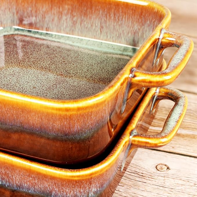 9" x 9"Square Casserole Dish, 1.8 Qt Ceramic Au gratin Baking Dish with Handles, Or for mixing, salad, pasta plate, Best gift for those who love baking, Microwave, Oven safe