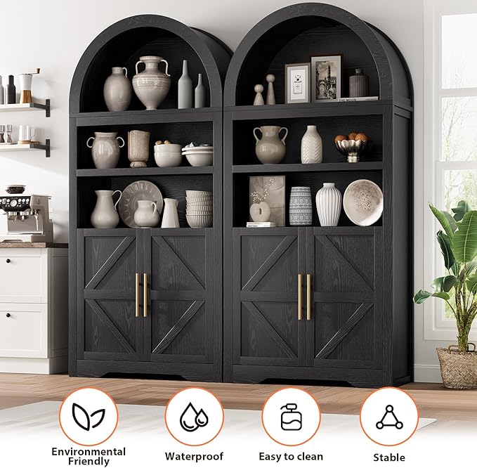 Kitchen Pantry Cabinet, Arched Bookshelf Bookcase China Pantry Storage Cabinet with Doors and Shelves,71“ Tall Food Pantry Funiture for Living Room,Dining Room (Black)