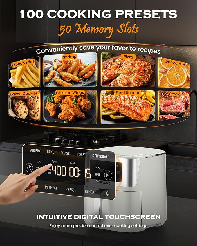 Nuwave Brio Plus 6-in-1 Air Fryer, 7-Qt Large Capacity, 50°F–400°F Precise Temp Control, Non-Toxic PFAS-Free Nonstick, Air Fry, Bake, Roast, Toast, Dehydrate, Reheat, 100 Presets, Dishwasher Safe