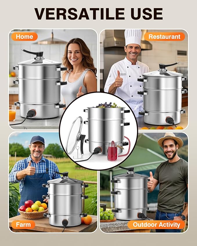 PYY Steam Juice Extractor Electric- 11QT Fruit Vegetables Steam Juicer for Canning, 3-Layer Stainless Steel with Tempered Glass Lid, Hose, Jelly, Syrup, Clamp Steamer Extractor for Making Juice