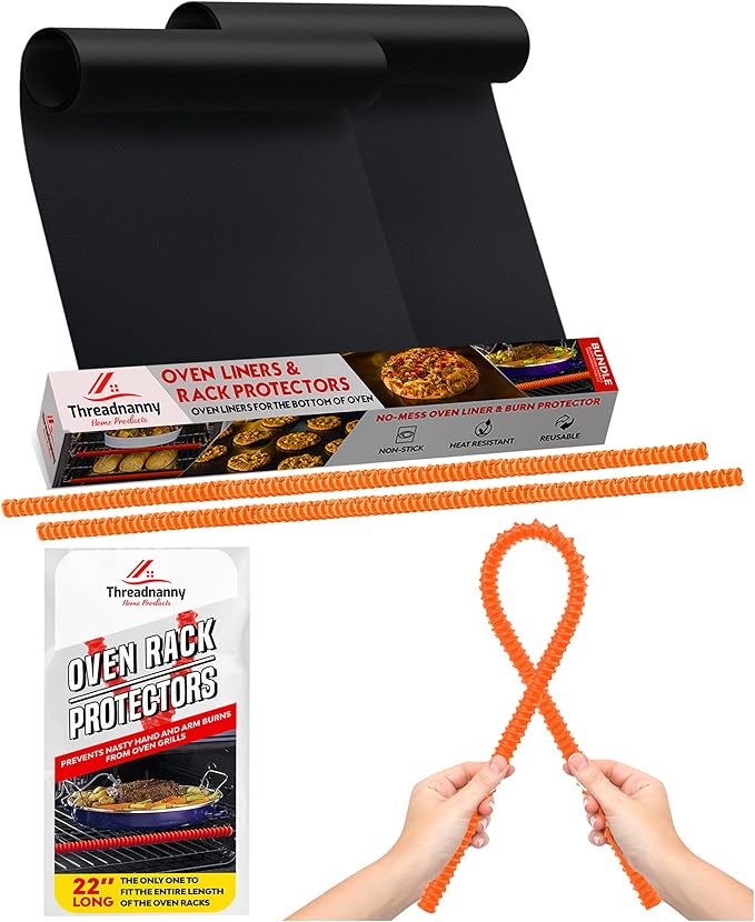 Oven Liners for Bottom of Oven Black (2-pack) Bundled with Rack Shield (2-pack) - Large Mat for Bottom of Range (17"x 25") and 22" Orange Stove Guards for Racks - Reusable & Heat Resistant