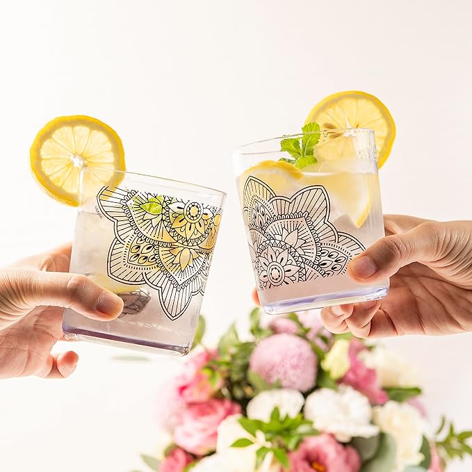 bzyoo BPA-Free Designed Dishwasher Safe 14 oz Plastic Tumbler Set which is Durable and Stackable Great For Parties, Anniversaries (6 PCS, Mandala Black)