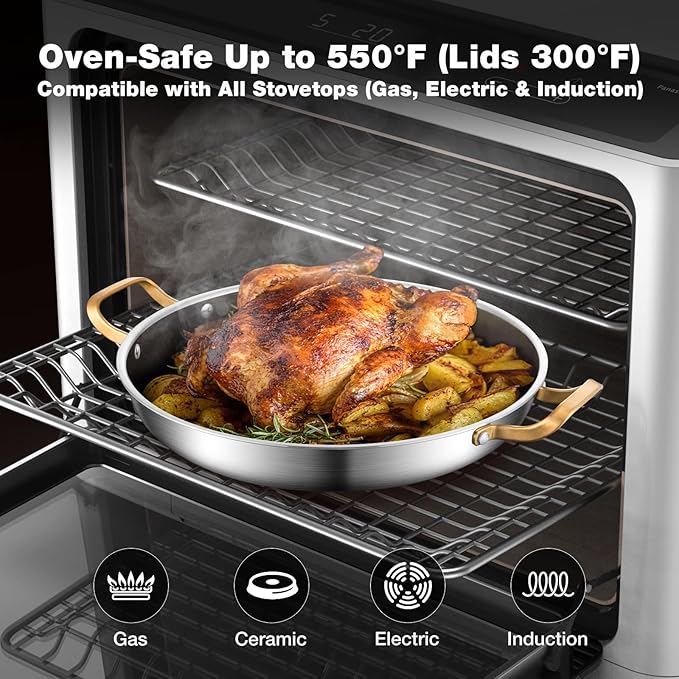 14 Inch Stainless Steel Paella Pan with Lid,Frying Pan, Tri-Ply Even Heating, Induction Ready & Dishwasher Safe – Great for Camping, Parties, Family Gatherings