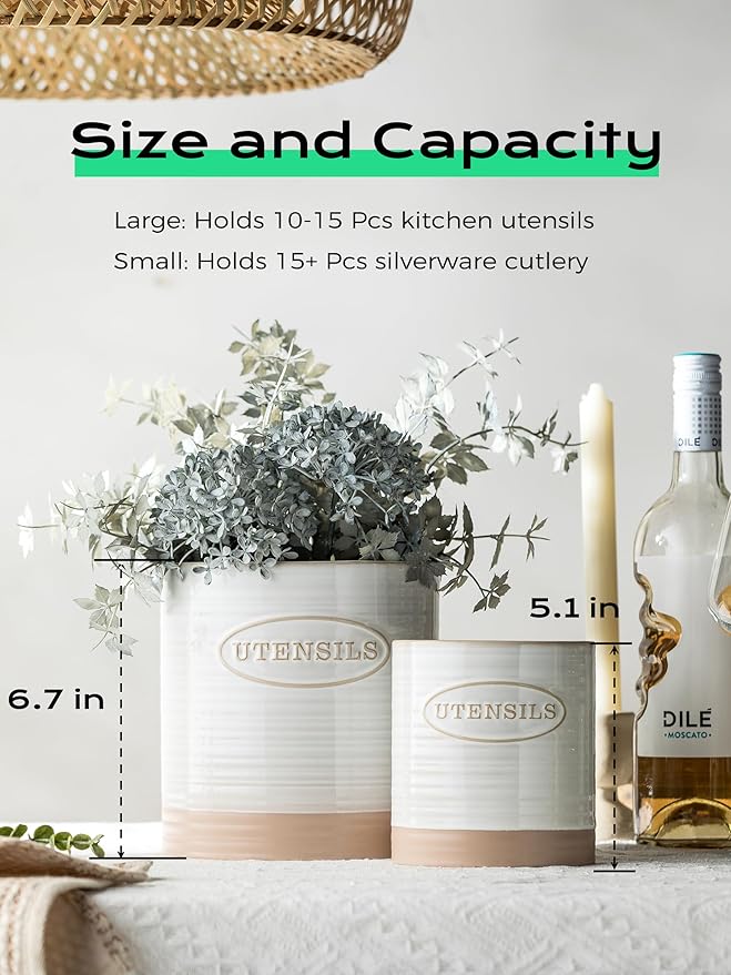 YHOSSEUN Utensil Holder Set of 2, Ceramic Utensil Holder for Kitchen Counter, 6.7"+5.1" Kitchen Utensil Crocks Spatula Holder for Countertop, Two-tone Finish Oval Opening