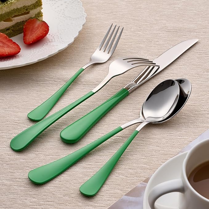 20-Piece Green Silverware Set 18/0 Stainless Steel Silverware Set Green Handle Cutlery Set Service for 4 Dinner Knives Forks Spoons Set Flatware Set Finish Dishwasher Safe…