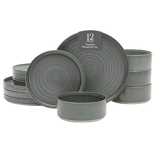 Gibson Elite Echo Bay 12 Piece Porcelain Reactive Glaze (Service for 4) Ceramic Plates and Bowls Modern Stackable Dinnerware Set - Blue