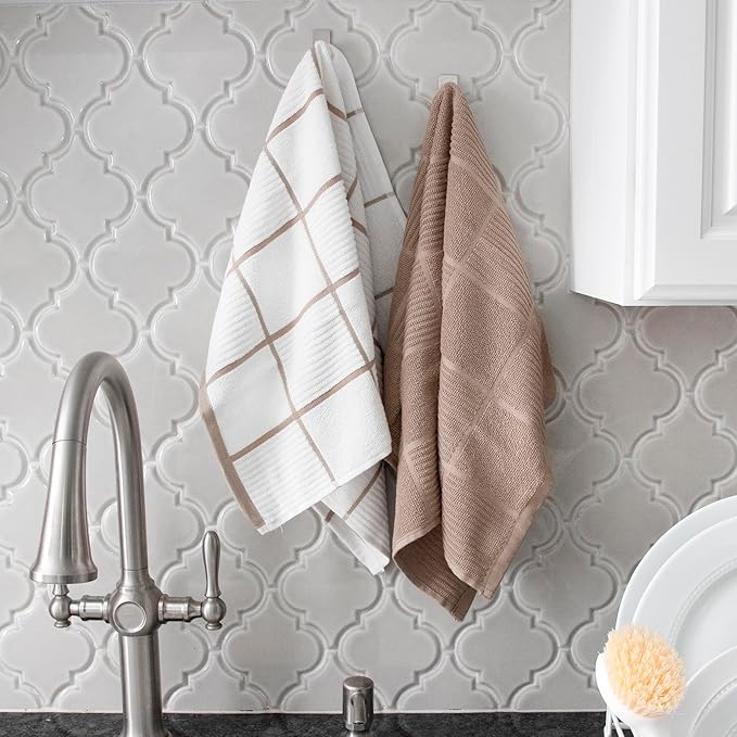 T-fal Solid & Checked Parquet Kitchen Towels: Highly Absorbent, Super Soft Long Lasting - 100% Cotton, 16"x26" Dish Towels for Cleaning & Drying Dishes, Pans, Glassware, Countertops, 6-Pack, Sand