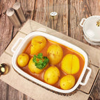 11" x 8" Ceramic Rectangular Casserole Dish with Glass Lid and rack, 1.6 Quart White Serving Soup Tureen,Chafing Dish for Buffet, Family Food Tray, Catering Casserole for Party Style