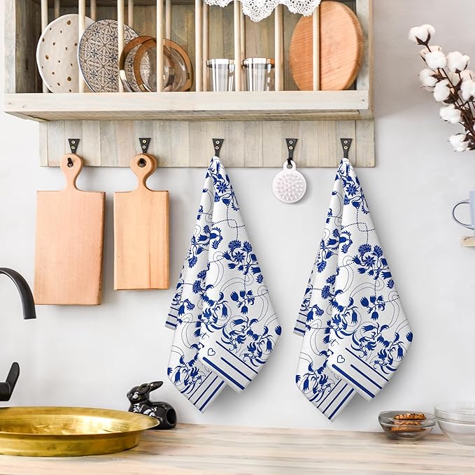 Blue Kitchen Towels Decorative Set of 2, Absorbent Boho Floral Dish Towels for Kitchen Drying Cleaning, Cute Dish Cloths for Bar Bathroom Decor, Housewarming Gifts for Women
