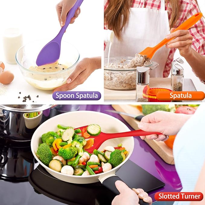 P&P CHEF Silicone Cooking Utensils Set of 7, Heat-proof Kitchen Utensils Set for Nonstick Cookware, Non-stick Spatula, Slotted Turner, Soup Ladle, Pasta Server, Spoon for Cooking Serving - Multicolor