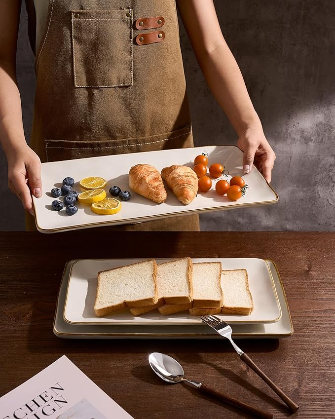 famiware Serving Platter, Rectangular 15.67/14.1/12.6inch Serving Dishes for Entertaining, Dishwasher Safe, Stoneware Serving Trays for Party, Food, Turkey, Snack, Cheese, Reactive Glaze, Matte White