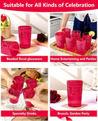 Ciaell 12 Pack Romantic Plastic Water Glasses - 14 Oz Red Vintage Drinking Glasses, Embossed Ribbed Plastic Cups, Textured Striped Set for Juice, Beverages, Beer, Cocktail, Christmas