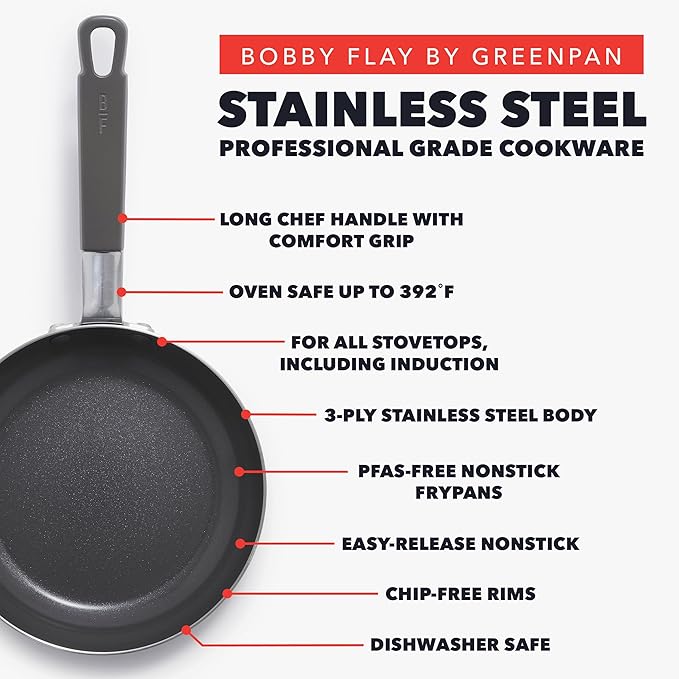 GreenPan x Bobby Flay Stainless Steel 12 Piece Cookware Pots & Pans Set, Professional Grade Tri-Ply, Multiclad, PFAS-Free Ceramic Nonstick, Induction Suitable, Dishwasher & Oven Safe,Stay Cool Handles