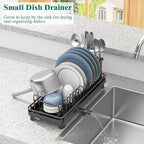 Small Sink Dish Drying Rack with Drainboard, Compact Dish Drainer for Kitchen Countertop, Rustproof Plate Organizer with Utensil Holder, Black