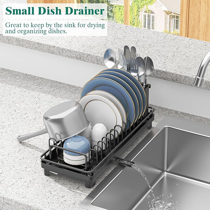 Small Sink Dish Drying Rack with Drainboard, Compact Dish Drainer for Kitchen Countertop, Rustproof Plate Organizer with Utensil Holder, Black