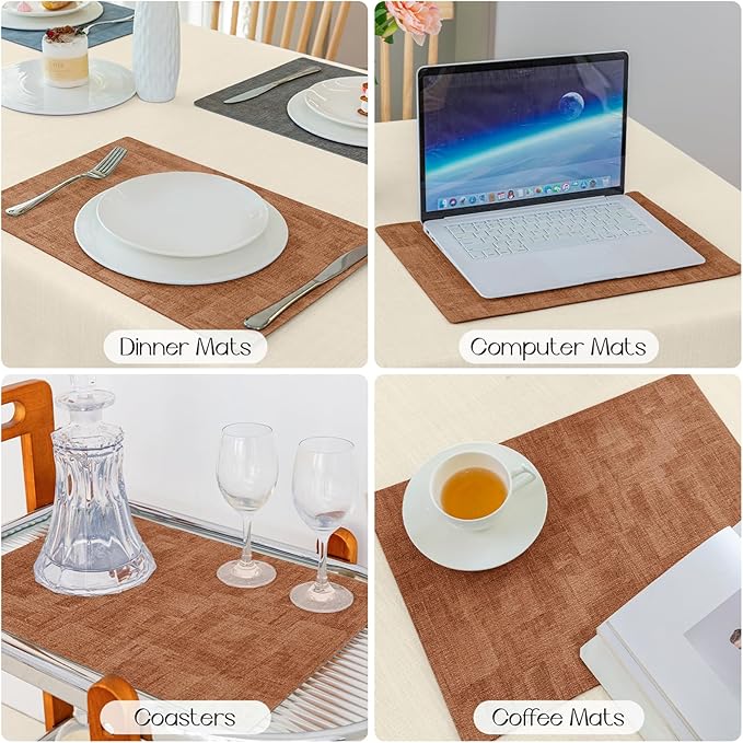 Romanstile Reversible Vinyl Placemats Set of 6, Faux Leather 100% Waterproof Oil-Proof Wipeable Place Mats, Heat Resistant Dual Sided Table Mats for Kitchen/Dining/Party (Grey Orange, 12 x 17 Inch)