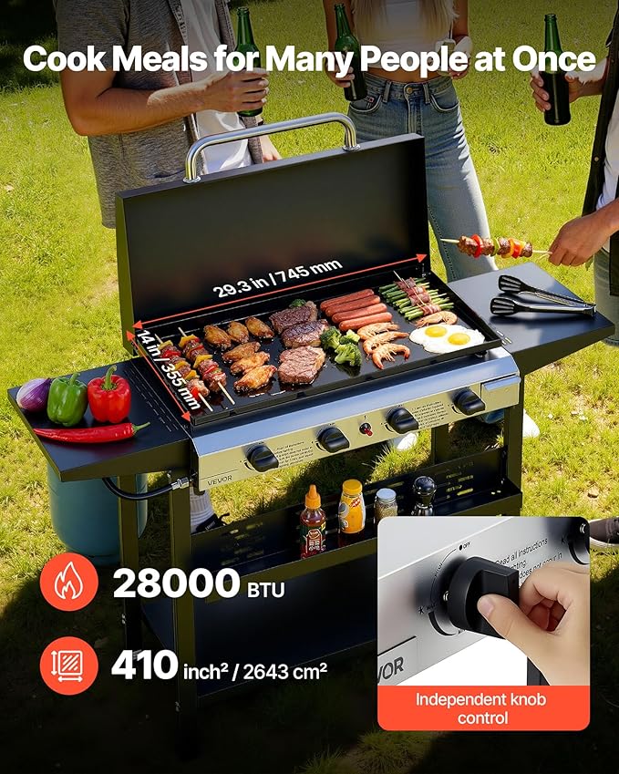 VEVOR Gas Griddle, 4-Burner Flat Top Grill, 29 inch Grill Plate Propane Griddle with Wheels, Lid, 28000 BTU Outdoor Flat Top Grills for Pan-Frying, Grilling, Stir-Frying, & BBQ, Pulse Ignition