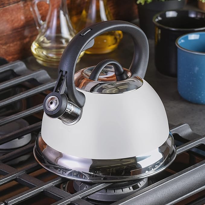 Mr. Coffee Flintshire 1.75-Quart Stainless Steel Whistling Tea Kettle with Nylon Handle – Durable Stove-Top Kettle in Linen Finish