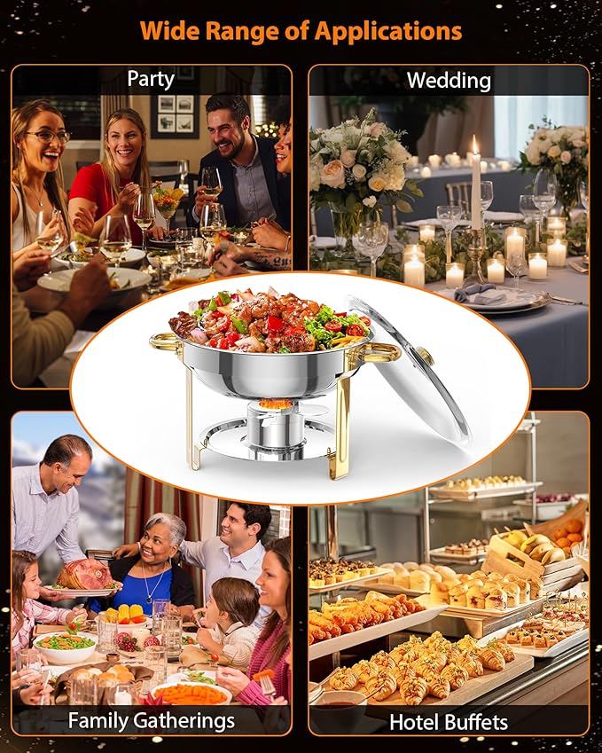5QT 4 Packs Chafing Dish Buffet Set, NSF Round Stainless Steel Chafers and Warmers Food Servers Sets with Lid & Lid Holder, Spoon & Tweezer for Catering Events Parties Weddings Dinners, Gold