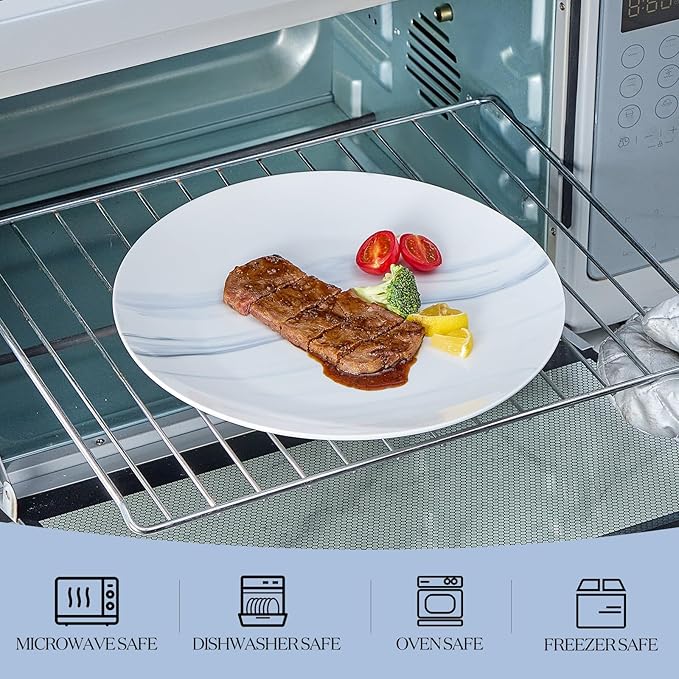 bestone Dinner Plates, 10.5 Inch Plates Set of 6, Porcelain Round Dessert Salad Dinner Plates, Serving Dishes for Kitchen, Dishwasher, Microwave, Freezer, Oven Safe, Marble Blue