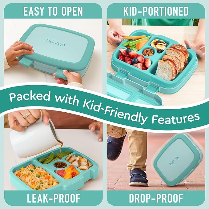 Bentgo Kids Bento-Style 5-Compartment Leak-Proof Lunch Box - Ideal Portion Sizes for Ages 3 to 7 - Durable, Drop-Proof, Dishwasher Safe, PFAS & BPA-Free & Made with Food-Safe Materials (Seafoam)