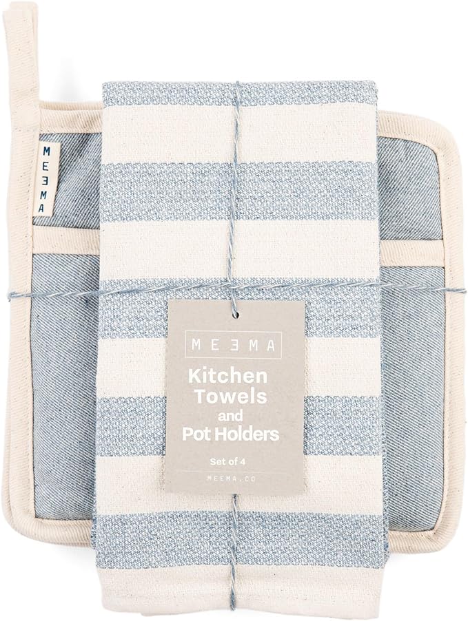 MEEMA Kitchen Towels and Dishcloths Sets of 4 | Large 18 x 28 Inch | Upcycled Cotton Tea Towel | Super Absorbent Cotton Dish Towels for Kitchen | Sage Green Stripes | Hand Towels