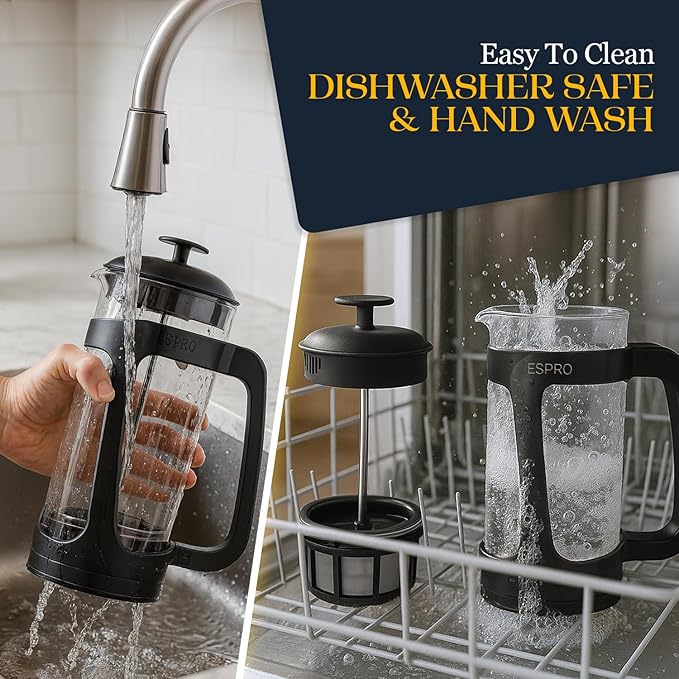 ESPRO P3 French Press Coffee Maker – Patented Double Micro-Filter for Grit-Free Brew, Heat Resistant thicker Borosilicate Glass Coffee press – (32 oz)