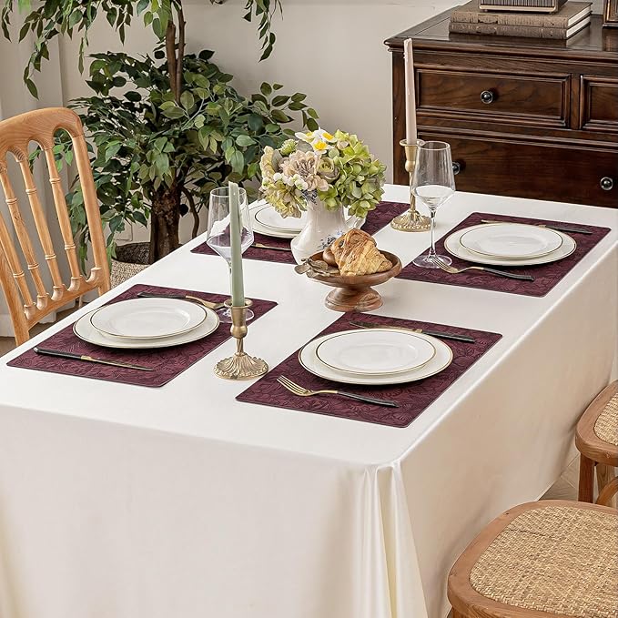 Romanstile Vinyl Placemats Set of 4-12 X 18 Inch - Heat Resistant Non-Slip Embossed Floral Place Mats 100% Waterproof Oilproof Wipeable Faux Leather Table Mats for Kitchen/Dining/Party, Burgundy
