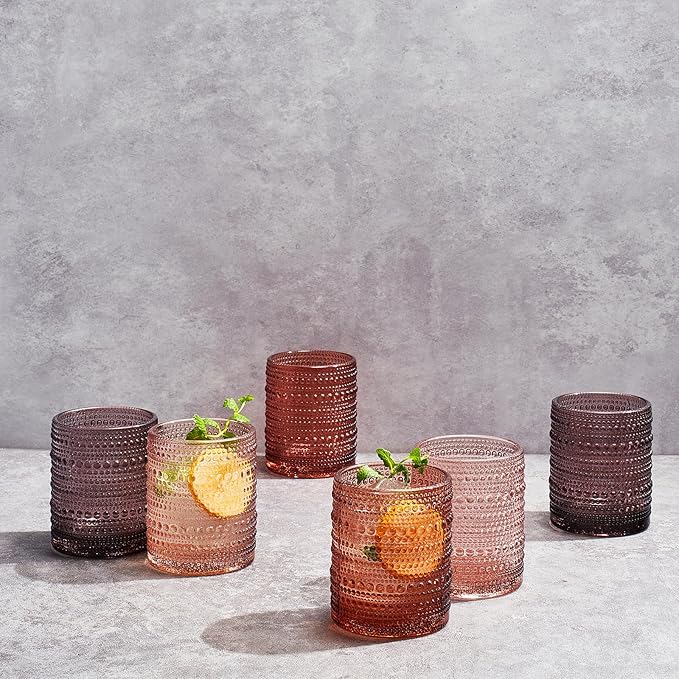 Khen Hobnail Beaded Highball Drinking Tumbler Glasses | Set of 6 | Color, Vintage Bubble Design Whiskey Glassware, Old-Fashioned, Embossed Design for Water, Wine, Cocktail Embossed, Rocks Glass