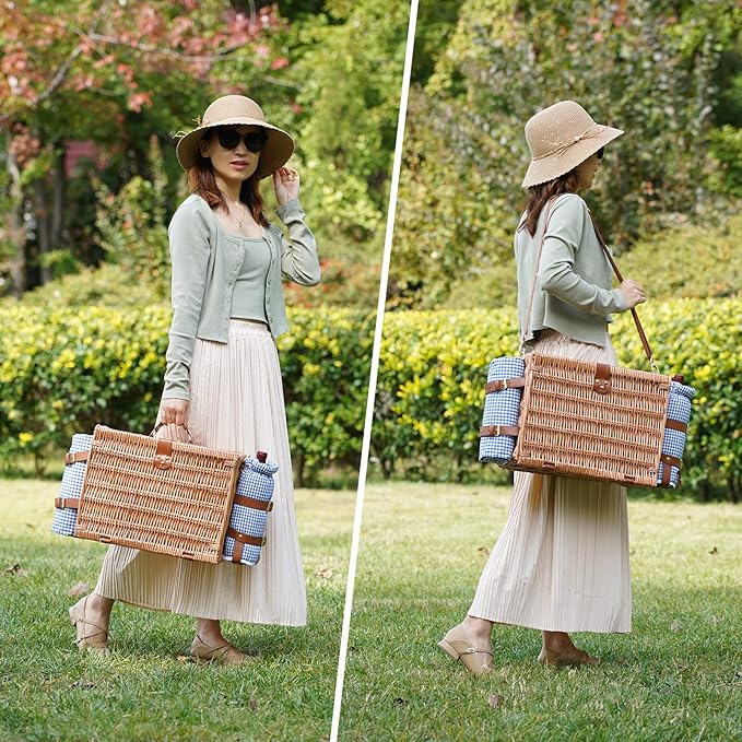 Picnic Basket for 4, Insulated Willow Picnic Baskets with Shoulder Strap, Picnic Hamper with Waterproof Picnic Blanket, Handmade Wicker Hamper for Outdoor, Great Gifts for Thanksgiving, Christmas