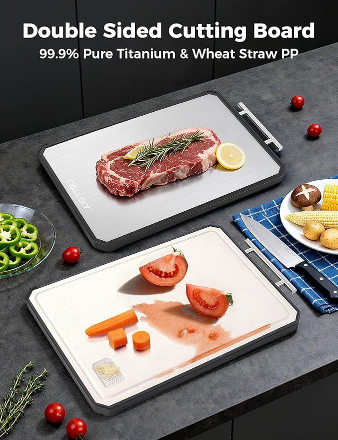 Titanium Cutting Board for Kitchen, Double Sided Non Toxic Titanium Cutting Board with JUICE GROOVE, Food-Grade Metal Chopping Board, Pure Titanium&Wheat Straw PP, Dishwasher Safe16.3”×11”-1 PC
