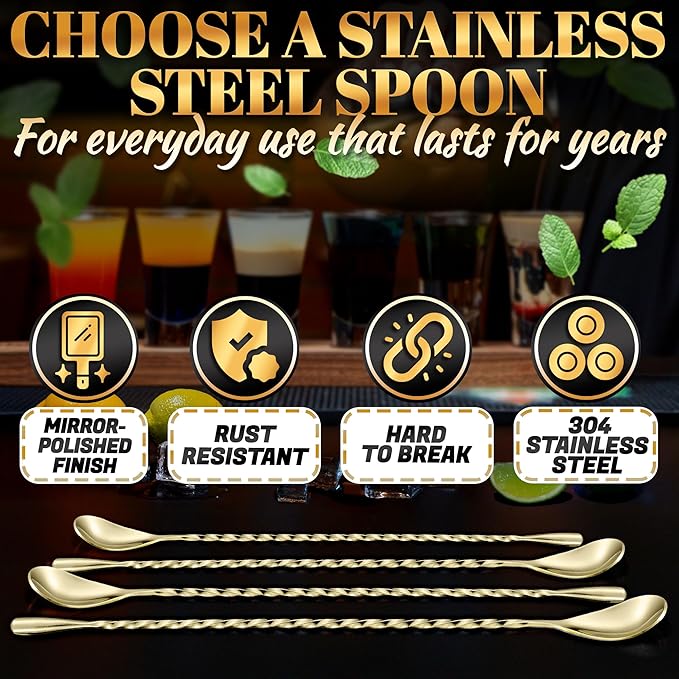 Bar Spoon Set of 4 – Gold Coffee Spoons for Pro and Home Use, Polished Stainless Steel Stirring Spoons with Twisted Spiral Handle - Cocktail Stirrers for Drinks Like Coffee, Smoothie, and Iced Tea