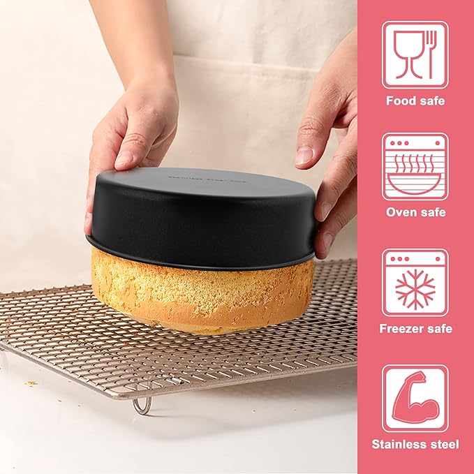 E-far 6 Inch Cake Pans Set of 2, Nonstick Stainless Steel Small Round Baking Pans with Parchment Paper & Side Liner Roll, Stainless Steel Core & Non-toxic Coating, Straight Side & 2 Inch Deep