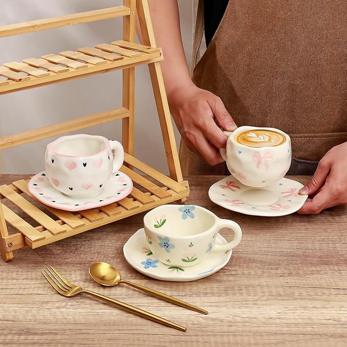 Koythin Ceramic Coffee Mug with Saucer Set, Cute Pink Big Bow Cup Unique for Office and Home, 10 oz/300 ml for Latte Tea Milk