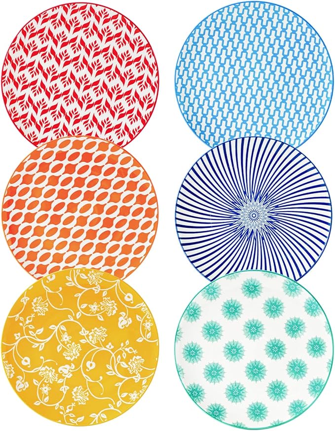 Ceramic Salad Plates Set - 8.5 Inch Small Round Dinner Dishes for Dessert Pasta Appetizer Sandwich - Scratch Resistant Porcelain Microwave Dishwasher Safe - Set of 6 - Assorted Colors