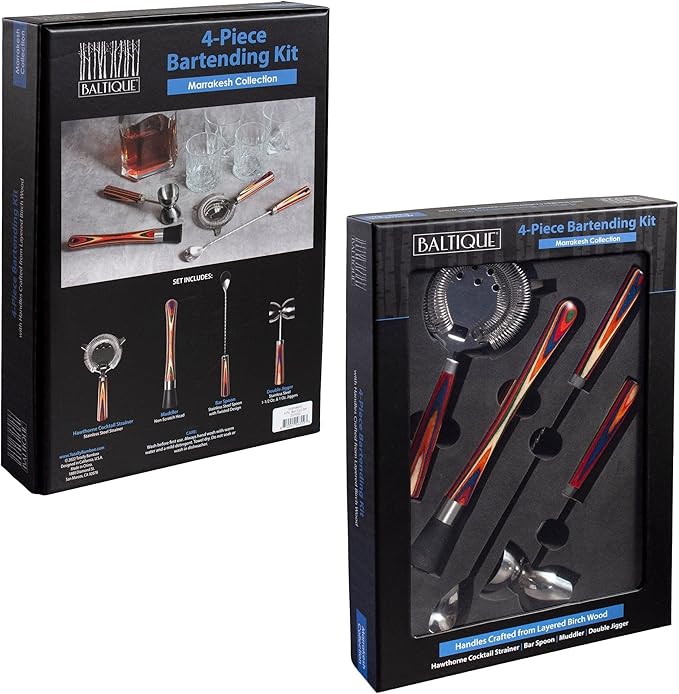 Totally Bamboo Baltique Marrakesh 4 Piece Bartender Kit, Bartending Gift Set with Essential Bar Accessory Tools, Includes Muddler, Double Sided Jigger, Hawthorne Cocktail Strainer and Bar Spoon
