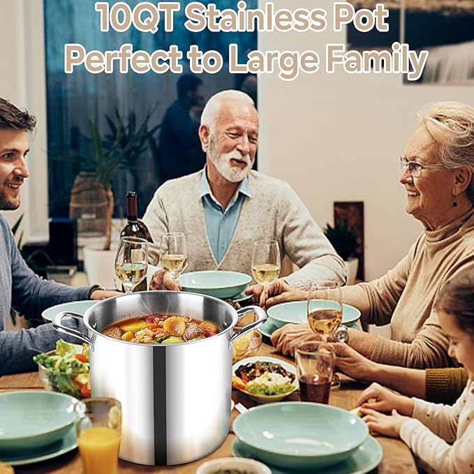 LIANYU 10 Quart Pot with Lid, 10QT Tri-Ply Heavy Duty Stock Pot, 18/10 Stainless Steel Stockpot, Canning Pasta Cooking Stockpot for Induction, Gas&Electric Cooktops, Visible Lid