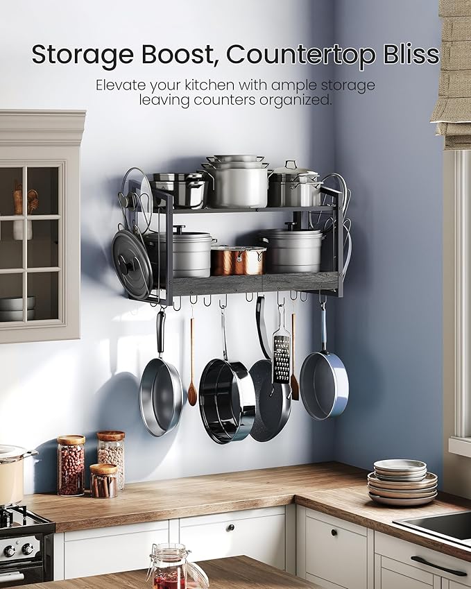 Hanging Pot Rack, Pot Rack Wall Mounted, 2-Tier Kitchen Pot and Lid Organizer, Wall-Mounted Cookware Holder with 12 Hooks, for Kitchen Storage of Pots, Pans, Utensils, Charcoal Black TPR02BC