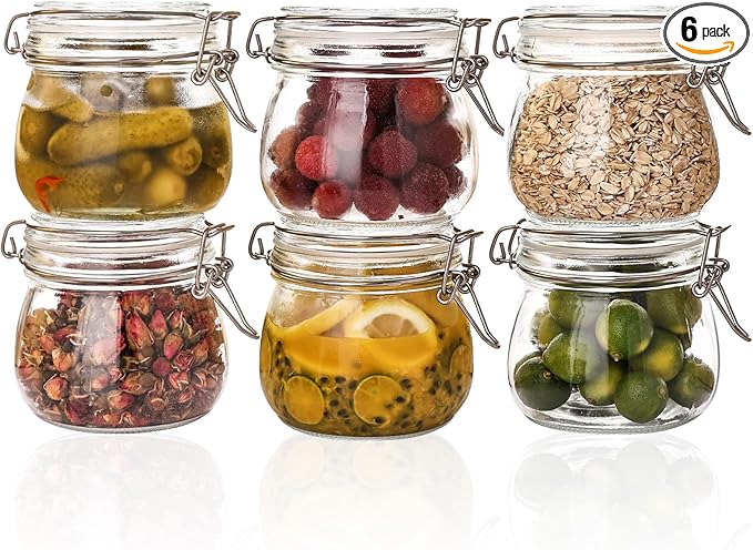 16oz - 6 Pack Round Glass Jars with Airtight Lid, Wide Mouth Mason Jars with Clamp Lids, Air Tight Glass Canisters, Food Storage Containers for Cereal, Pasta, Beans, Sugar, Coffee, Spice