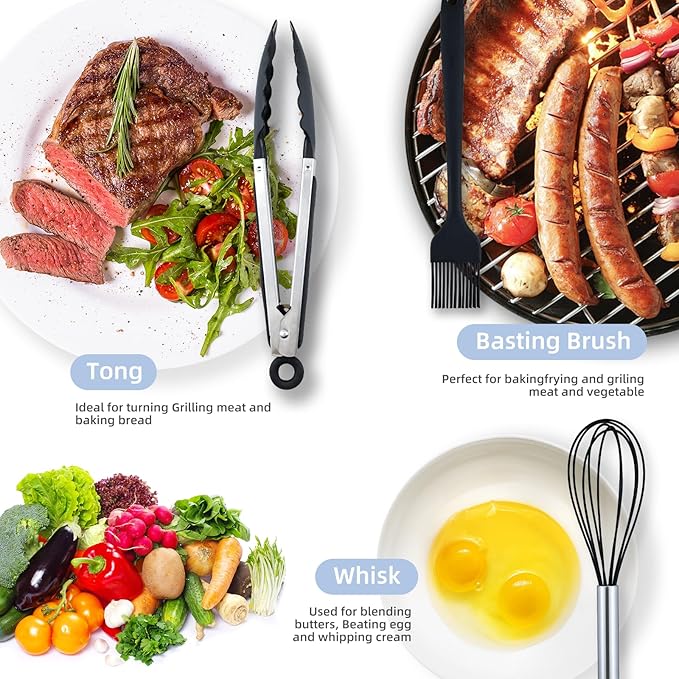 Kitchen Cooking Utensils Set Silicone Spatula Set-446°F Heat Resistant, Nonstick Black Cooking Set with Spatula, Spoon, Brush, Tongs Cooking Tools for New Kitchen/Home Essentials(32PCS)